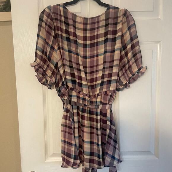 Torrid Georgette Surplice Puff Sleeve Blouse purple plaid Size 2 (2XL, 18-20) - Picture 9 of 13